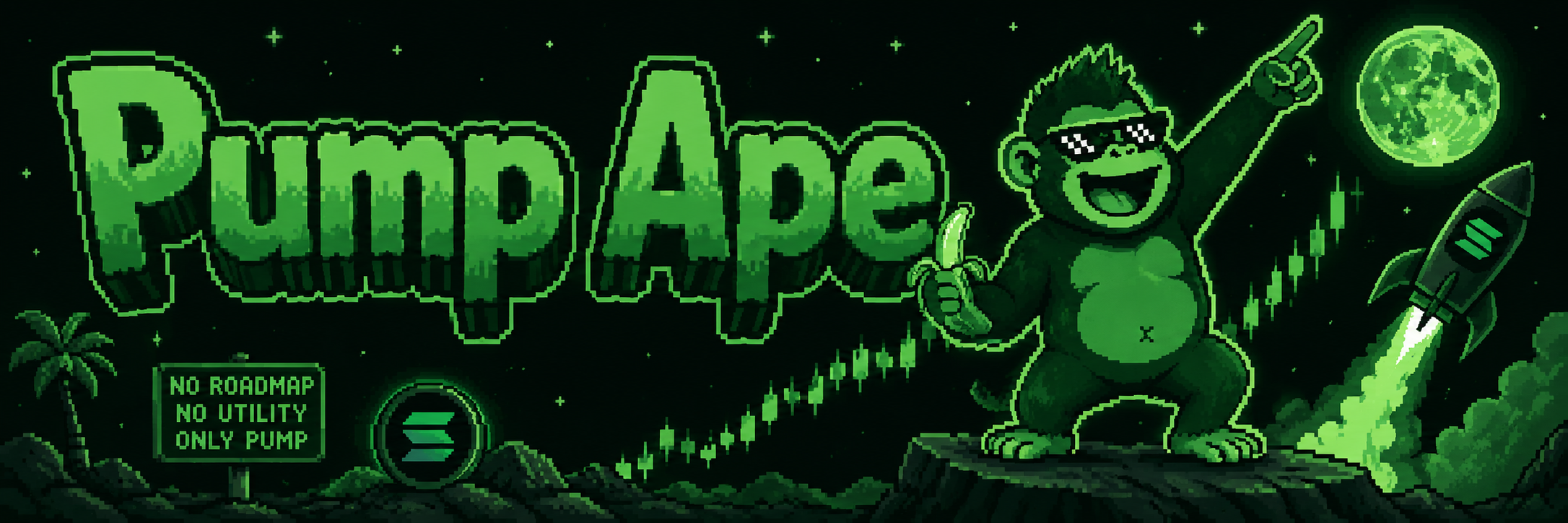 Pump Ape banner — ape pointing at green chart rocket to moon